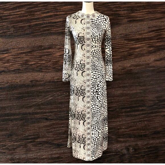 Mr Dino 1970 Maxi Dress Women's Size 10 Vintage B/W Mixed Media Pattern - Picture 1 of 10